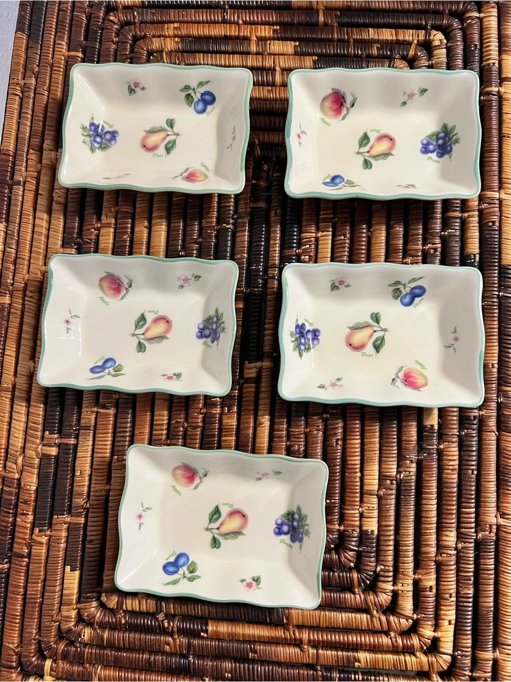 Blue House Fancy Pop Fruits ceramic Saucer Dish set of 5 with silver rack
